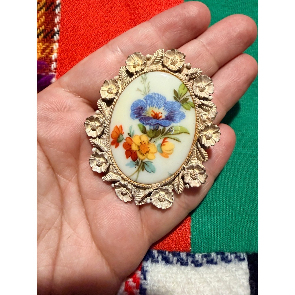 Vintage Floral Brooch Pendant Gold Tone Hand Painted Blue Flower Oval
